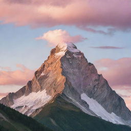 Stunning landscape of a majestic mountain peak against a vibrant sunrise with soft, pastel-colored clouds.