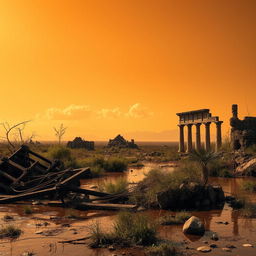 A post-apocalyptic landscape after a meteor strike, showcasing the ruins of a once-great civilization