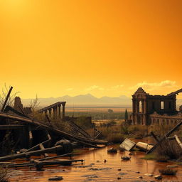 A post-apocalyptic landscape after a meteor strike, showcasing the ruins of a once-great civilization