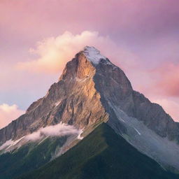 Stunning landscape of a majestic mountain peak against a vibrant sunrise with soft, pastel-colored clouds.