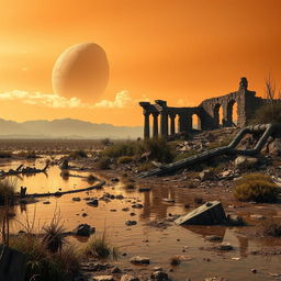 A post-apocalyptic landscape after a meteor strike, showcasing the ruins of a once-great civilization