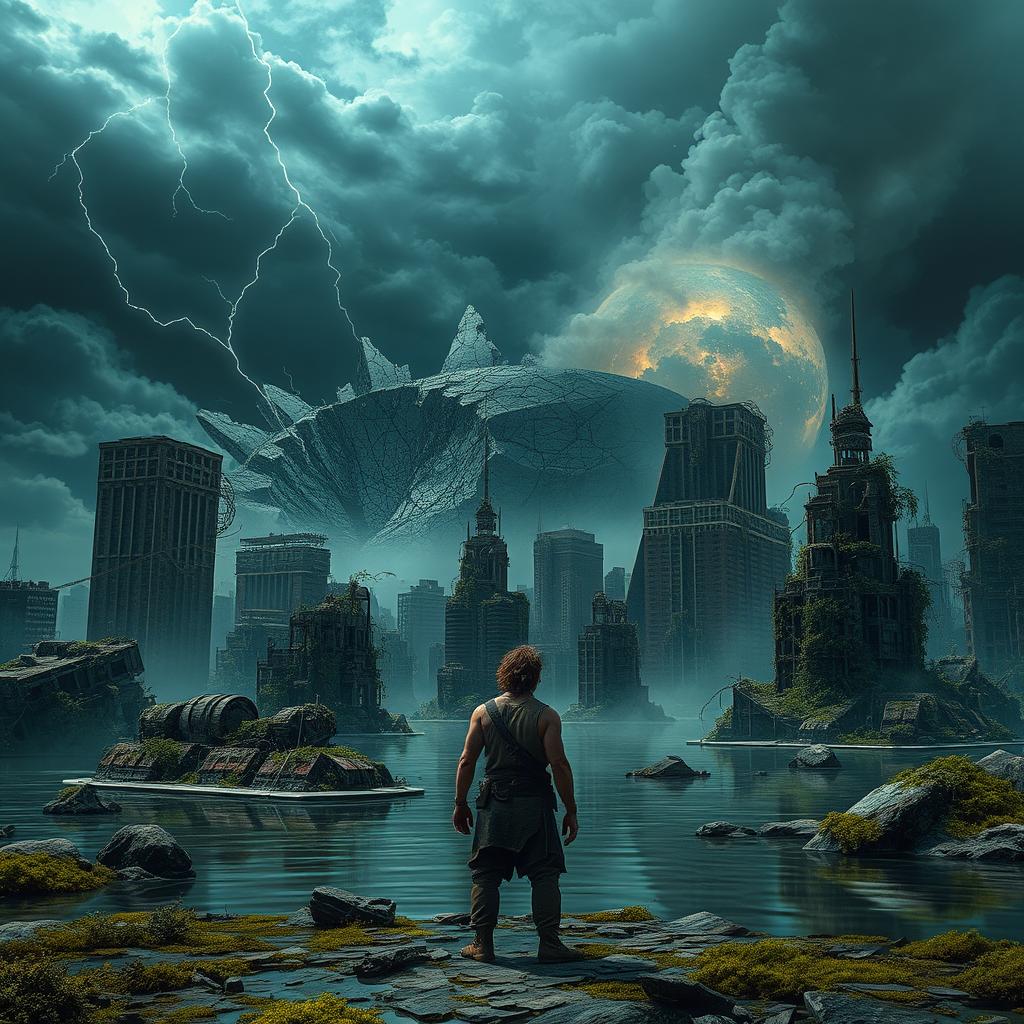 a post-apocalyptic scene depicting the aftermath of a meteor impact, with remnants of a once-thriving civilization now submerged and destroyed