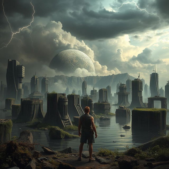 a post-apocalyptic scene depicting the aftermath of a meteor impact, with remnants of a once-thriving civilization now submerged and destroyed