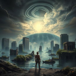 a post-apocalyptic scene depicting the aftermath of a meteor impact, with remnants of a once-thriving civilization now submerged and destroyed