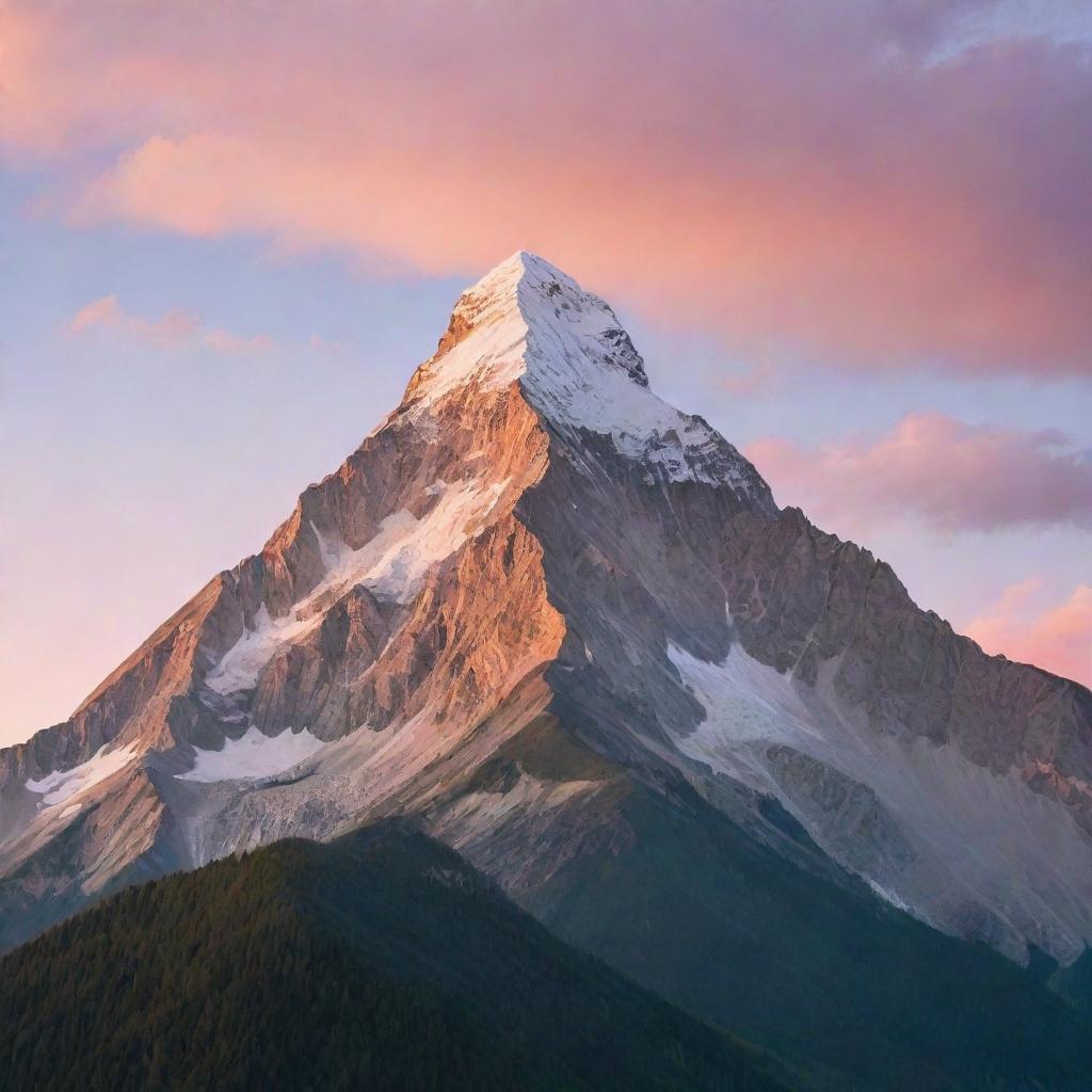 Stunning landscape of a majestic mountain peak against a vibrant sunrise with soft, pastel-colored clouds.