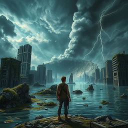 a post-apocalyptic scene depicting the aftermath of a meteor impact, with remnants of a once-thriving civilization now submerged and destroyed