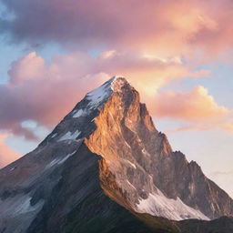 Stunning landscape of a majestic mountain peak against a vibrant sunrise with soft, pastel-colored clouds.