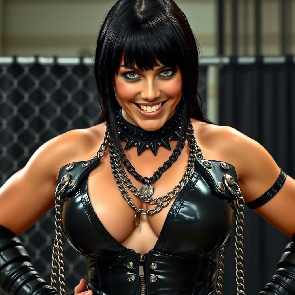 Close-up shot of a stunning female wrestler with black hair, wearing shiny black gear adorned with numerous chains, and a spiked black collar