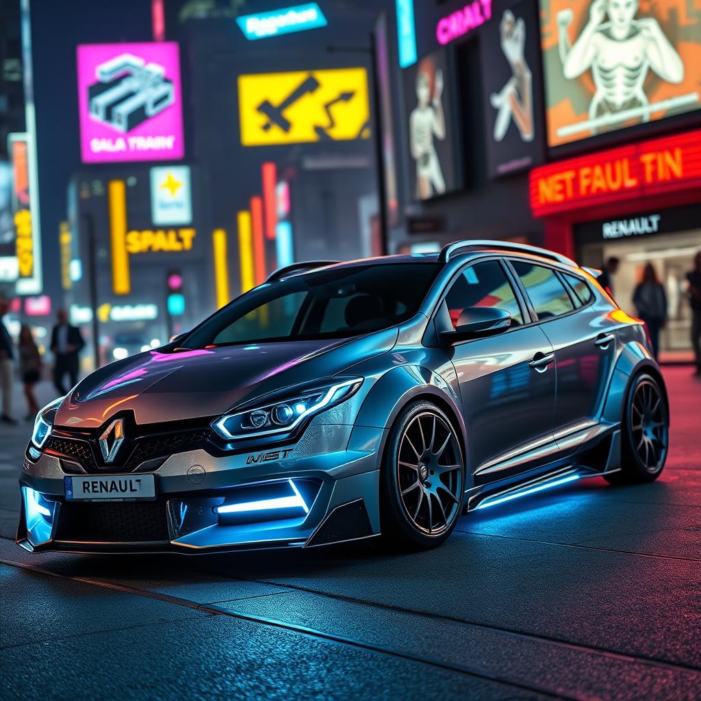 Renault Megane 3 sport tourer 2010 with a cyberpunk body kit, featuring futuristic neon lights, sleek aerodynamic extensions, and metallic textures