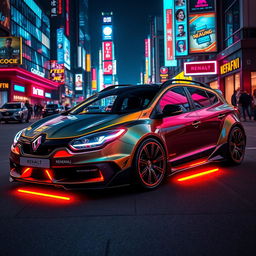 Renault Megane 3 sport tourer 2010 with a cyberpunk body kit, featuring futuristic neon lights, sleek aerodynamic extensions, and metallic textures