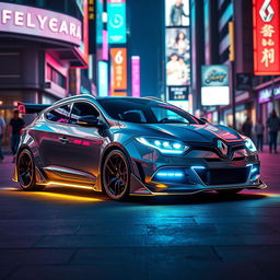 Renault Megane 3 sport tourer 2010 with a cyberpunk body kit, featuring futuristic neon lights, sleek aerodynamic extensions, and metallic textures