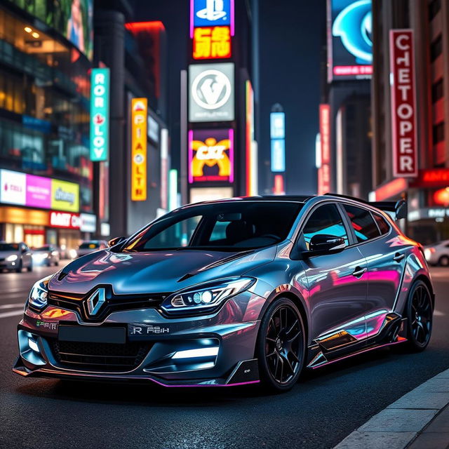 Renault Megane 3 sport tourer 2010 with a cyberpunk body kit, featuring futuristic neon lights, sleek aerodynamic extensions, and metallic textures