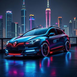 A Renault Megane 3 Sport Tourer 2009 redesigned in a cyberpunk theme