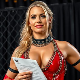 close-up of a gorgeous female wrestler with a cocky smirk, focusing on her chest and torso