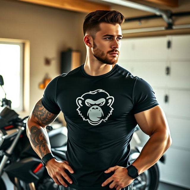 A handsome man with a muscular build, showcasing a durable and brand-new-looking Zaraguate t-shirt despite enduring a rugged motorcycle ride and an intense gym session