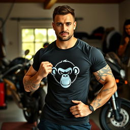 A handsome man with a muscular build, showcasing a durable and brand-new-looking Zaraguate t-shirt despite enduring a rugged motorcycle ride and an intense gym session