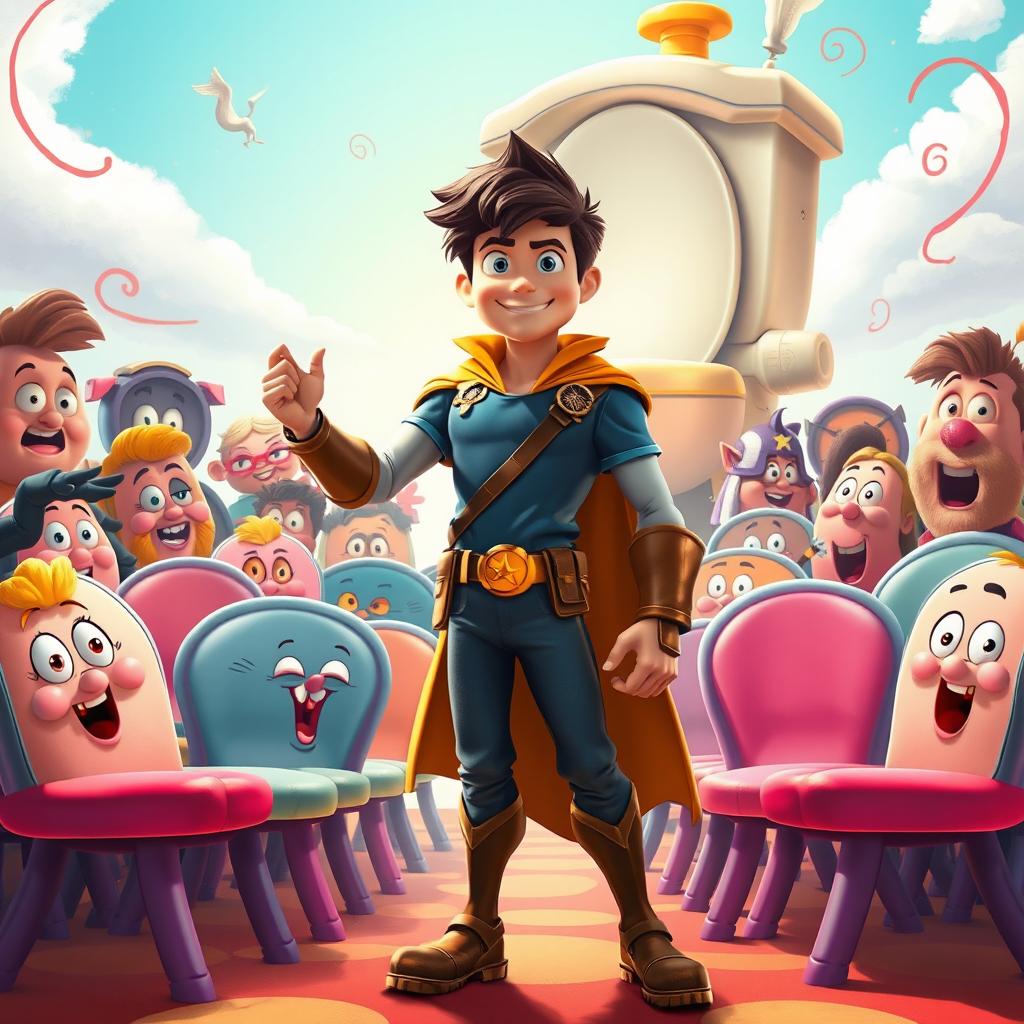 A vibrant and imaginative Disney-style movie poster featuring a heroic figure