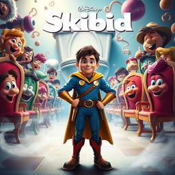 A vibrant and imaginative Disney-style movie poster featuring a heroic figure