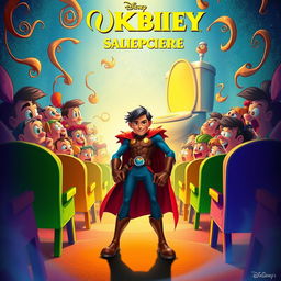 A vibrant and imaginative Disney-style movie poster featuring a heroic figure