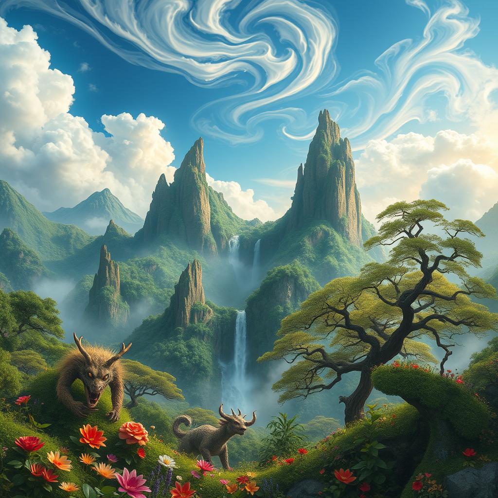 A mystical landscape inspired by Chinese mythology, showcasing the remnants of a legendary mountain called Huaguo Mountain