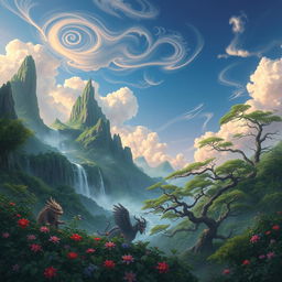 A mystical landscape inspired by Chinese mythology, showcasing the remnants of a legendary mountain called Huaguo Mountain