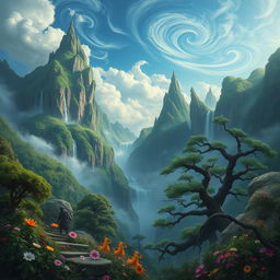 A mystical landscape inspired by Chinese mythology, showcasing the remnants of a legendary mountain called Huaguo Mountain