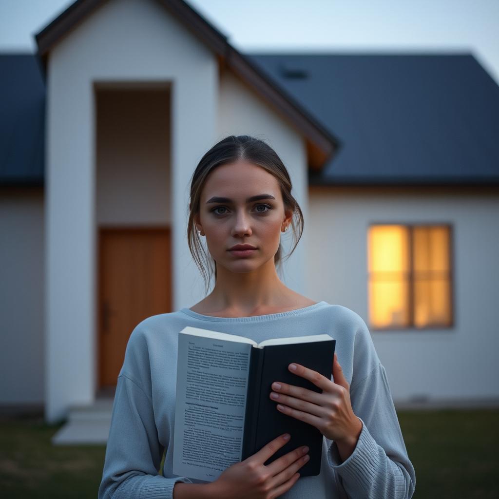 A woman holding a book standing in front of a house with no windows