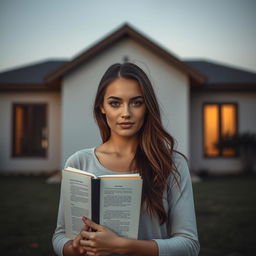 A woman holding a book standing in front of a house with no windows