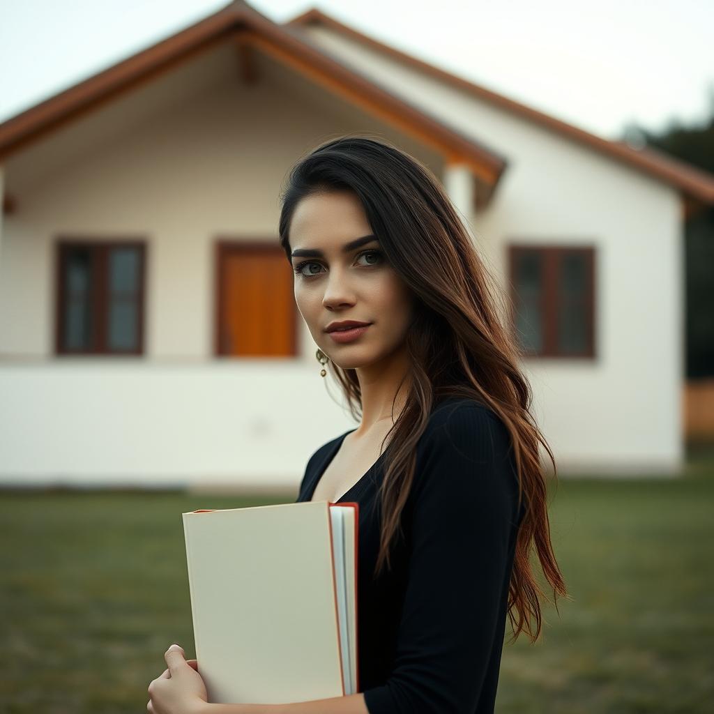 A woman holding a book standing in front of a house with no windows