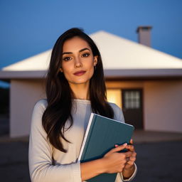 A woman holding a book standing in front of a house with no windows