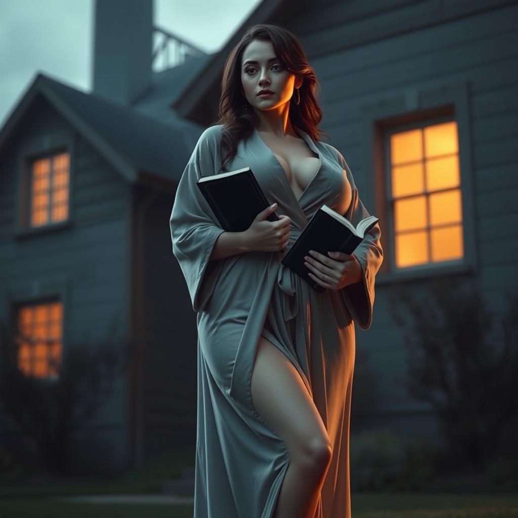 A woman with a voluptuous figure wearing a robe is holding a book, standing beside a house with no windows