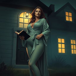 A woman with a voluptuous figure wearing a robe is holding a book, standing beside a house with no windows