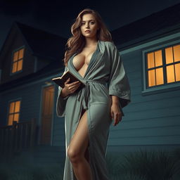 A woman with a voluptuous figure wearing a robe is holding a book, standing beside a house with no windows