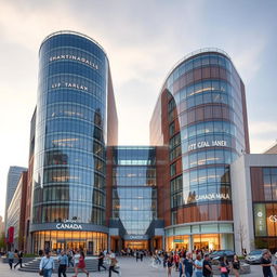 A modern shopping mall building in a city that reflects architectural elements from both the United States and Canada