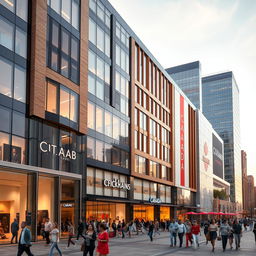 A modern shopping mall building in a city that reflects architectural elements from both the United States and Canada