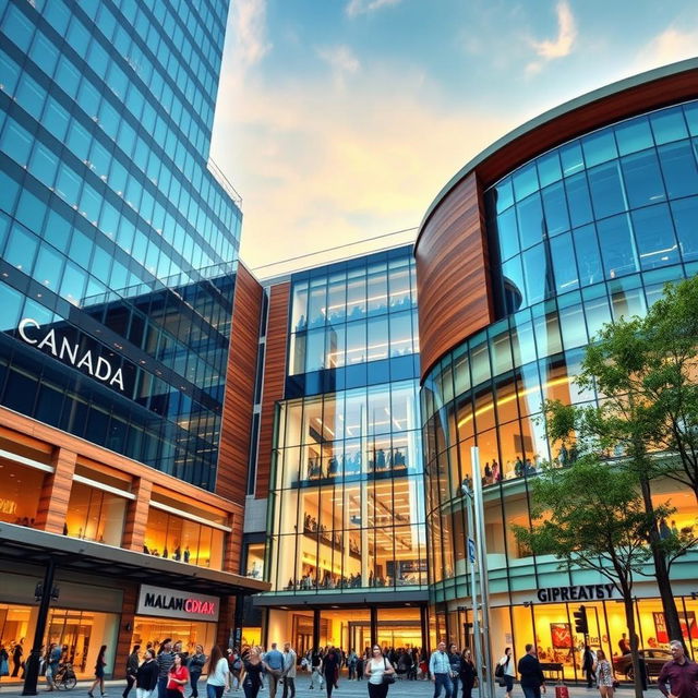 A modern shopping mall building in a city that reflects architectural elements from both the United States and Canada