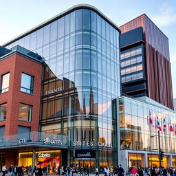 A modern shopping mall building in a city that reflects architectural elements from both the United States and Canada