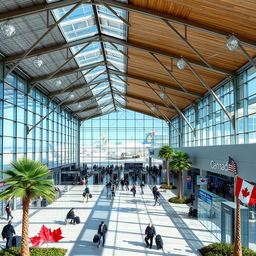 A contemporary airport terminal building showcasing a fusion of American and Canadian architectural styles