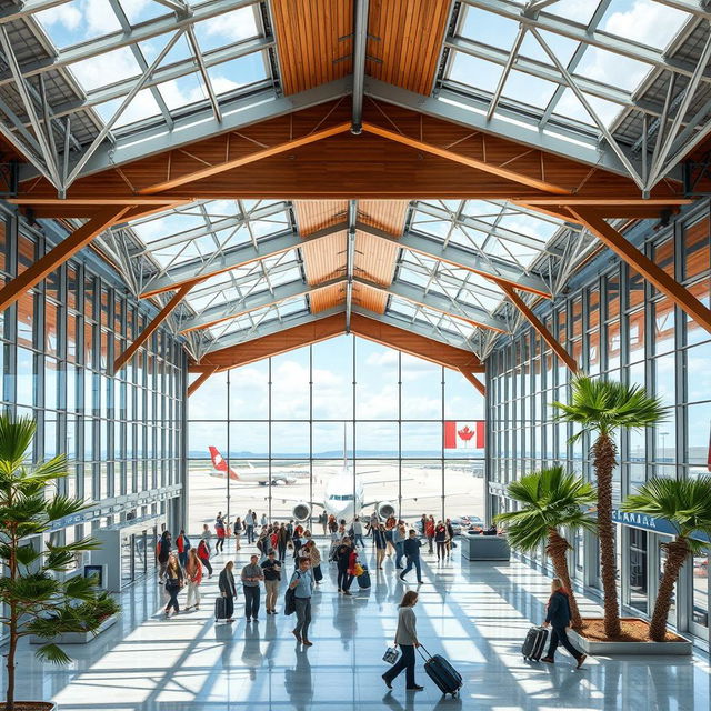 A contemporary airport terminal building showcasing a fusion of American and Canadian architectural styles