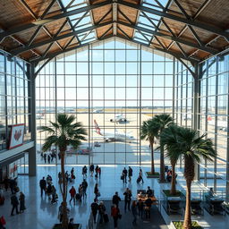 A contemporary airport terminal building showcasing a fusion of American and Canadian architectural styles