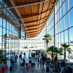 A contemporary airport terminal building showcasing a fusion of American and Canadian architectural styles