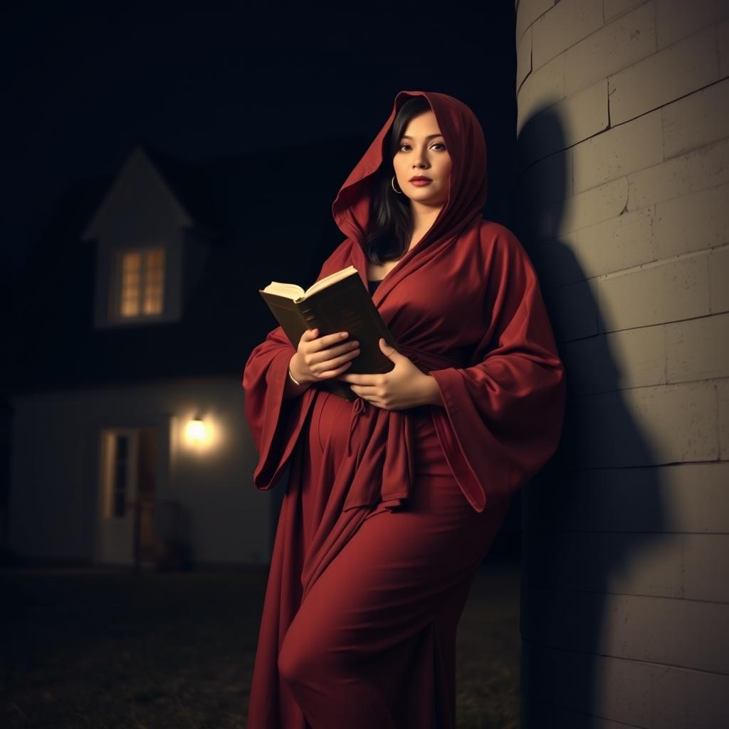 A woman with a voluptuous figure wearing a robe that also covers her head is holding a book, standing beside a house with no windows