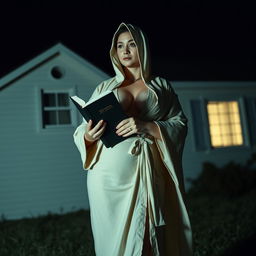 A woman with a voluptuous figure wearing a robe that also covers her head is holding a book, standing beside a house with no windows