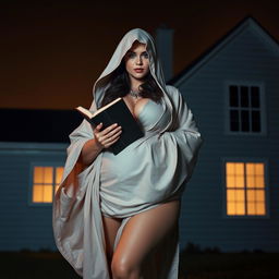 A woman with a voluptuous figure wearing a robe that also covers her head is holding a book, standing beside a house with no windows