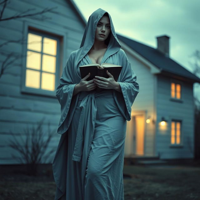 A woman with a voluptuous figure wearing a robe that also covers her head is holding a book, standing beside a house with no windows