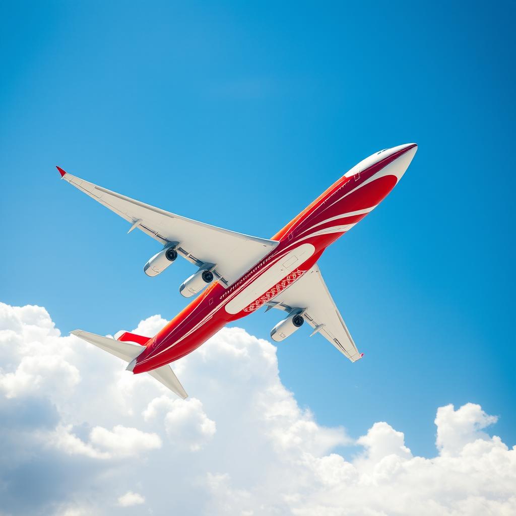 A Boeing 747-400 airplane painted in an eye-catching red and white color scheme