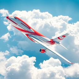 A Boeing 747-400 airplane painted in an eye-catching red and white color scheme