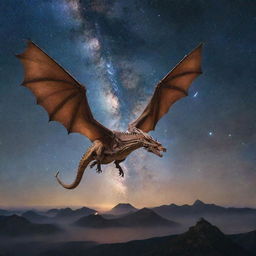 A majestic dragon flying gracefully around the radiant Milky Way