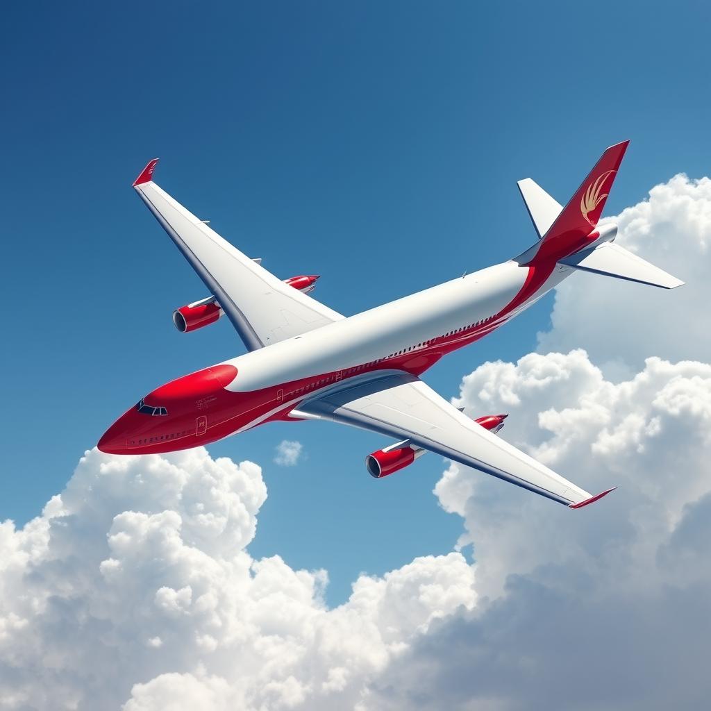 A Boeing 747-400 airplane painted in an eye-catching red and white color scheme