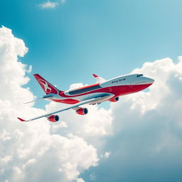 A Boeing 747-400 airplane painted in an eye-catching red and white color scheme